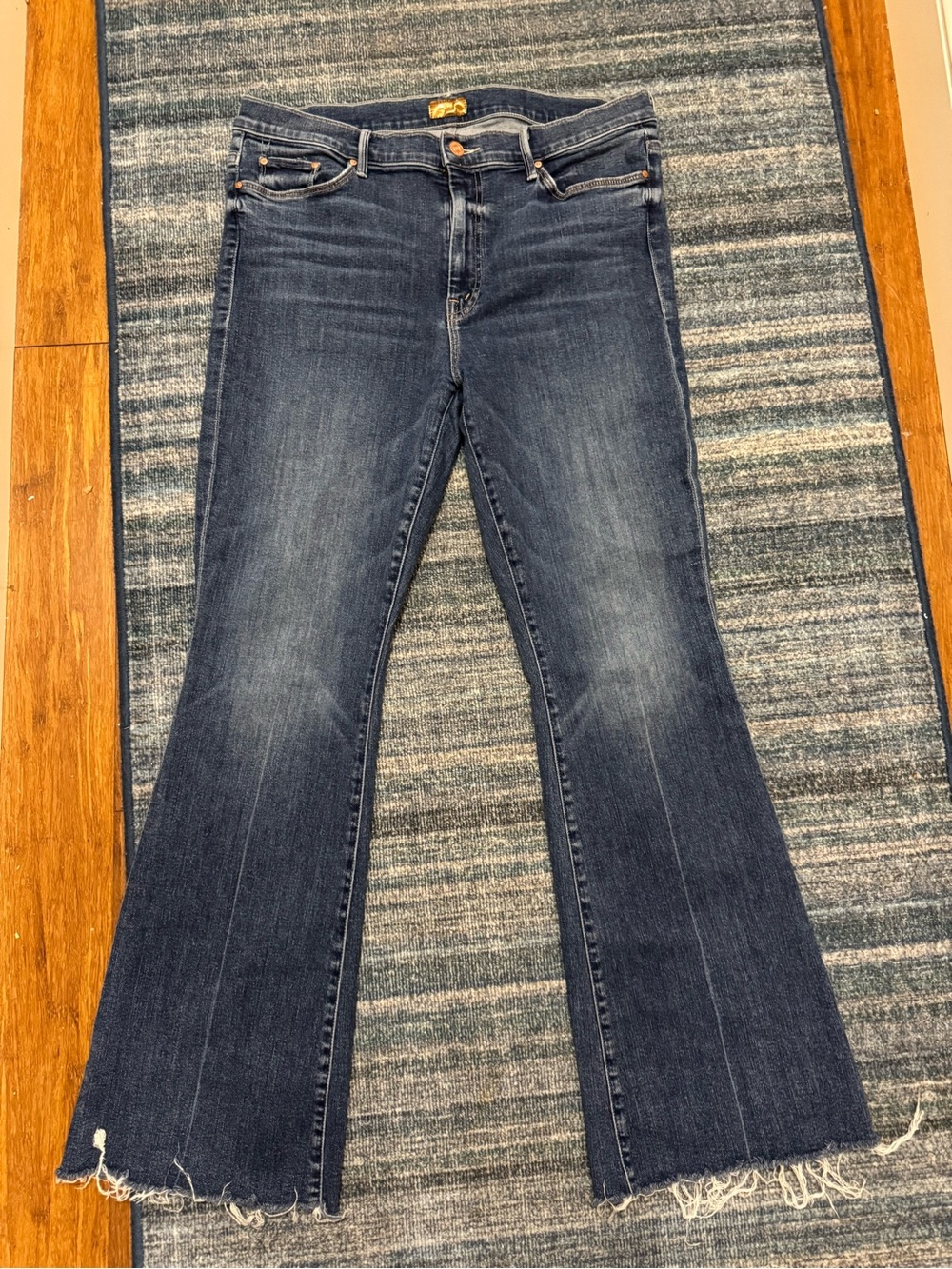 MOTHER Dark Blue Flare Jeans with Frayed Hem Weekender Fray